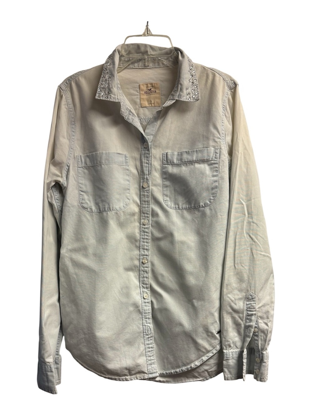 Hollister 100% Cotton Chambray Distressed Top W/ Embellished Collar Small